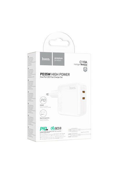 Hoco Incarcator Retea (C110A) + Cablu Lightning, 35W, 2xUSB-C, PD, White
