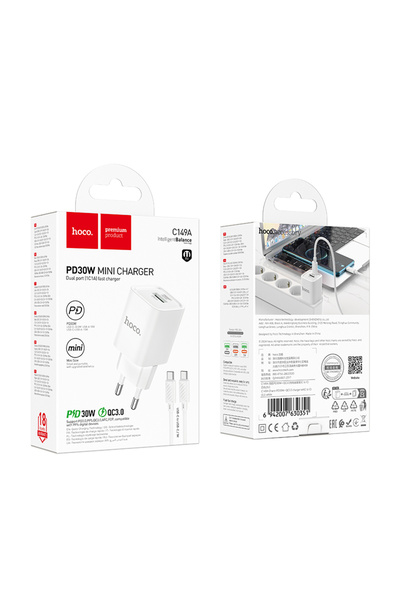 Hoco Incarcator Retea (C149A) + Cablu USB-C, 1m, PD20W, 1xUSB-C, 1xUSB-A, White