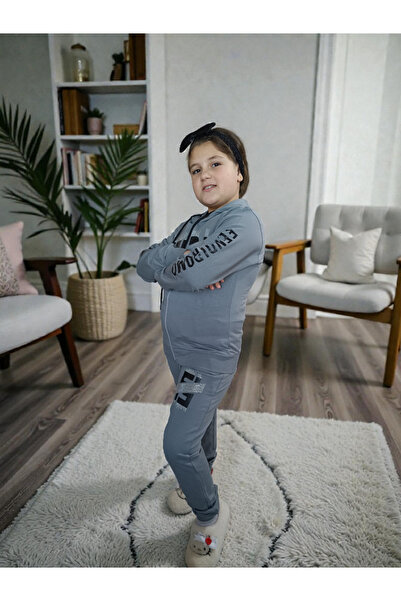 Store Kız Çocuk Kapüşonlu Fermuarlı Taş Detaylı Eşofman Takımı - Gri