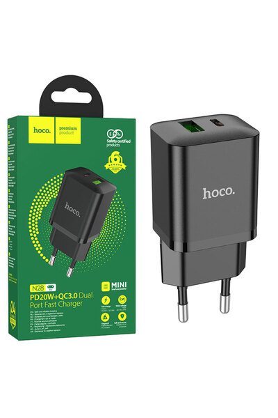 Hoco Incarcator Retea (N28) , 20W, 1xUSB-C, 1xUSB-A, PD, QC 3.0, Black