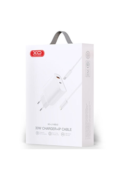 Xo Φορτιστής ρεύματος (L116) + Καλώδιο Lightning, 30W, 1xUSB-C, 1xUSB-A, PD, QC 3.0, Λευκό