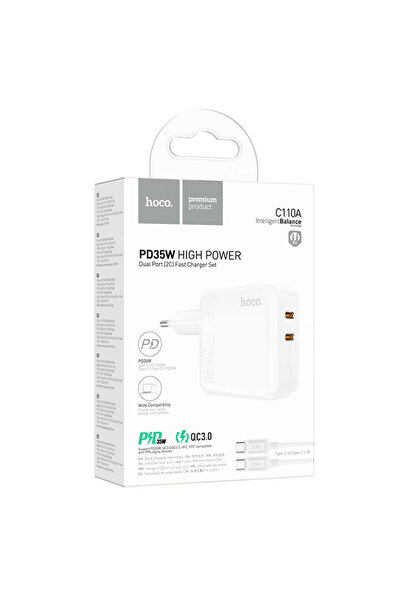Hoco Incarcator Retea (C110A) + Cablu USB-C, 35W, 2xUSB-C, PD, White