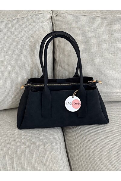 BAGLOVİS Black Suede Women's Shoulder and Shoulder Bag En32 Boy16