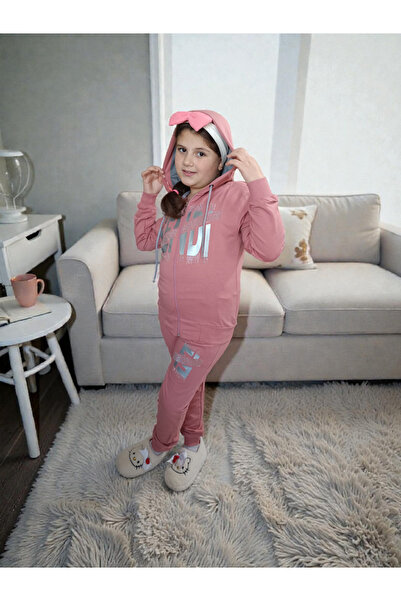 Store Kız Çocuk Kapüşonlu Fermuarlı Taş Detaylı Eşofman Takımı - Pembe