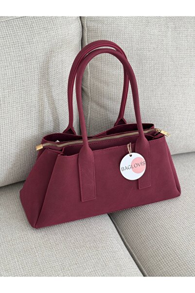 BAGLOVİS Burgundy Suede Women's Shoulder and Shoulder Bag En32 Boy16