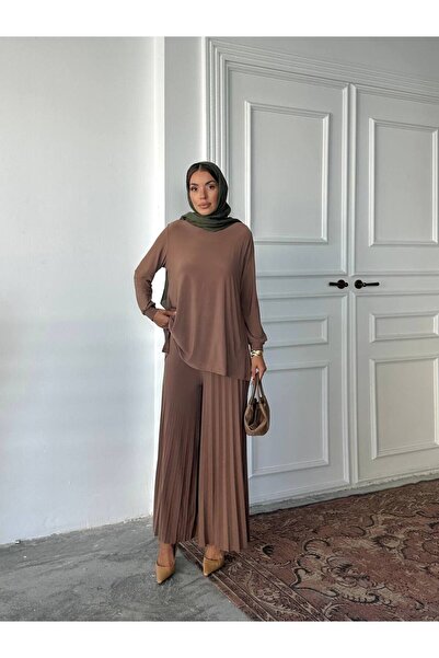 Genel Markalar Tesettür Piliseli Pantolon Tunik Sandy İkili Takım