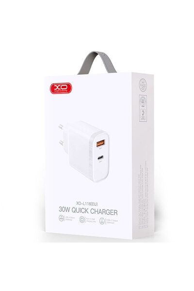 Xo Τροφοδοτικό (L116), 30W, 1xUSB-C, 1xUSB-A, PD, QC 3.0, Λευκό