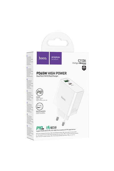 Hoco Incarcator Retea (C113A) , 65W, 1xUSB-C, 1xUSB-A, PD, QC 3.0, White