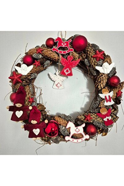 Yellow Tulip Christmas decoration/arrangement, door wreath made of twigs, natural wooden elements and figurines