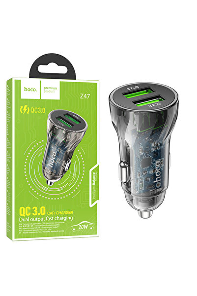 Hoco Încărcător Auto (Z47), 20W, 5V, 3A, 2xUSB-A, Transparent, Negru