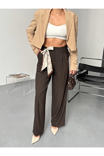 LB Laluna Butik Women's High Waist Pleated Scarf Detailed Palazzo Pants