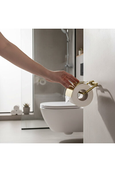 İSAOĞLU YAPI Toilet Paper Holder Matte Gold Modern Design Stainless Steel Brushed Gold Lid Paper Holder