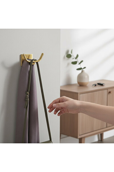 İSAOĞLU YAPI Matte Gold Bathroom Robe Hook Brushed Gold Double Hook Robe Hook Brass Material