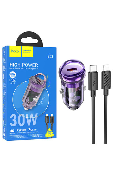 Hoco Incarcator Auto (Z53) + Cablu Lightning, 30W, 1xUSB-C, PD, Ring-Pull, Purple