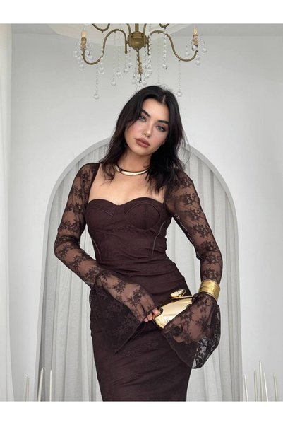 ETİKAFASHION Dantel Uzun Kollu Kalp Yaka Balık Elbise
