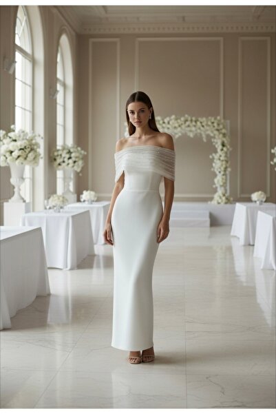 ENDAMIM Wedding Engagement Evening Dress Outdoor Shoot Off-White Pearl Detailed Pencil Fit Strapless Wedding Dress