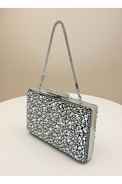 Biçanta Luxury Black Suede 5 Size Silver Crystal Stone Embroidered Evening Dress Bag |   Wedding and Evening Clutch