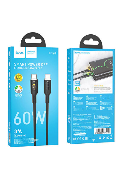 Hoco Cablu Date si Incarcare (U120), USB-C, PD60W, QC3.0, 3A, LED Power, 1.2m...