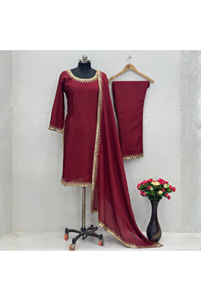 MYSMAR Maroon Chinnon Silk Salwar Kameez & Dupatta - HRT2522 | Maroon