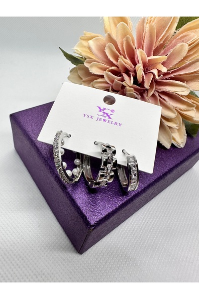 YSX JEWELRY Zircon Stone 3-Piece Pearl Hoop Earring Set