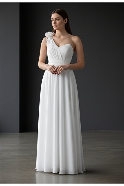 ENDAMIM Wedding Engagement Evening Dress Outdoor Shoot Heart Neckline Flower Detailed Chiffon One Shoulder Wedding Dress