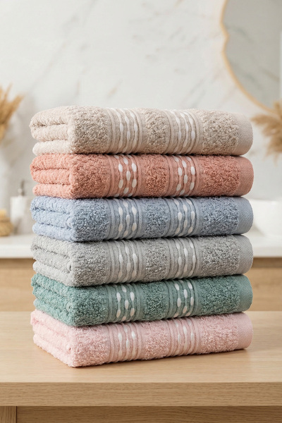 New Cotton Home طقم مناشف يد ووجه ورأس من القطن الطبيعي مكون من 6 قطع بنمط ال...