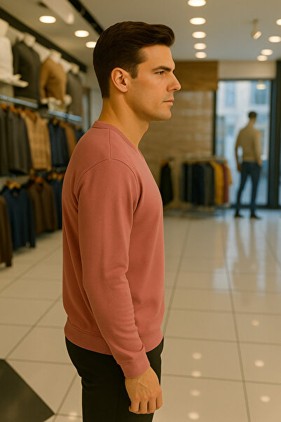 Maccali Men's Casual Basic Loose Pink Long Sleeve V-Neck Sweater