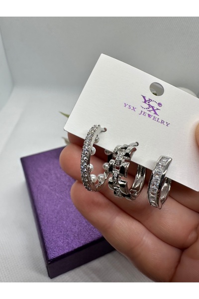 YSX JEWELRY Zircon Stone 3-Piece Pearl Hoop Earring Set