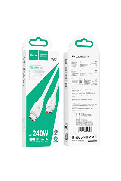Hoco Cablu Date si Incarcare (X93), USB-C, PD60W, QC3.0, 2m, White