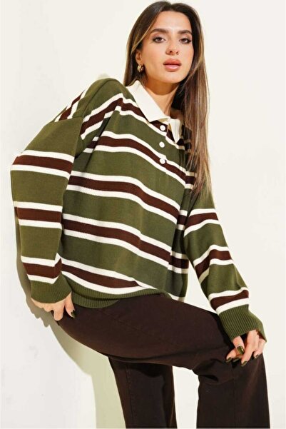 MODAM DENSTINY Striped Buttoned Polo Neck Women's Knitwear Sweater