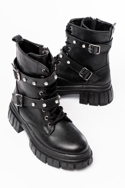 Zerenyus Zri̇n842-03 Premium Black Thick Soled Lace-Up Zippered Casual Women's Boots