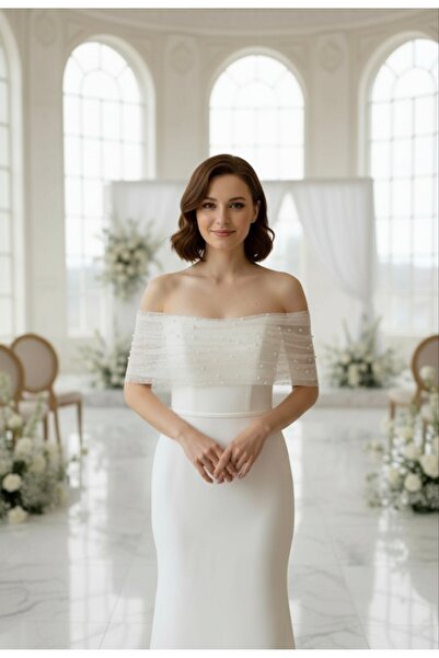ENDAMIM Wedding Engagement Evening Dress Outdoor Shoot Off-White Pearl Detailed Pencil Fit Strapless Wedding Dress