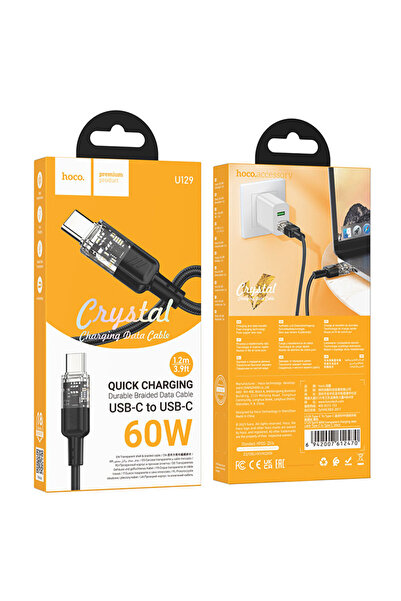 Hoco Cablu Date si Incarcare (U129), USB-C, PD60W, QC3.0, 3A, Crystal, 1.2m, ...