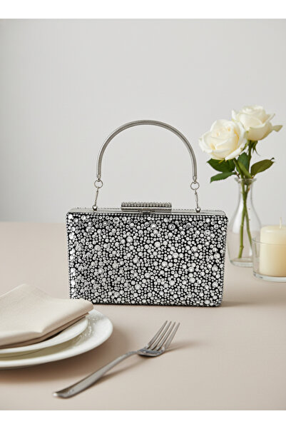 Biçanta Luxury Black Suede 5 Size Silver Crystal Stone Embroidered Evening Dress Bag |   Wedding and Evening Clutch