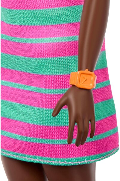 Barbie Fashionistas Doll #247 – Curly Black Hair, Pink & Green Striped Dress (JJN60)
