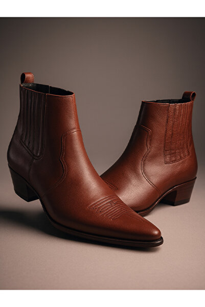 Selim Kundura Kahverengi %100 Deri Hakiki Dikişli Kösele Kovboy Botu