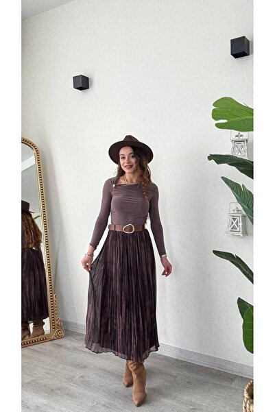 modadagiyim Дамска пола от шифон с кариран десен, набрана ефект, подплатена и с колан