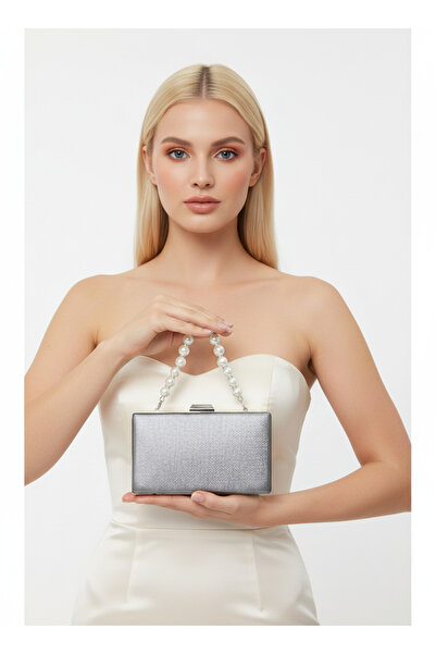 Biçanta Anthracite Gray Platinum Color Matte Anti-Scratch Leather Pearl Detailed Wedding Engagement Graduation