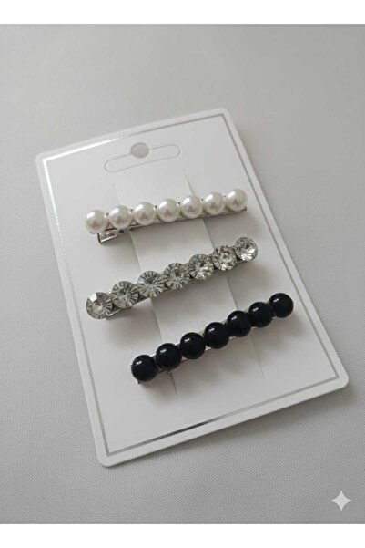 Esram Butik 3 lü Set, İnci Kristal Taş ve Siyah Taş Tokası Klipsi - Abiye Gün...