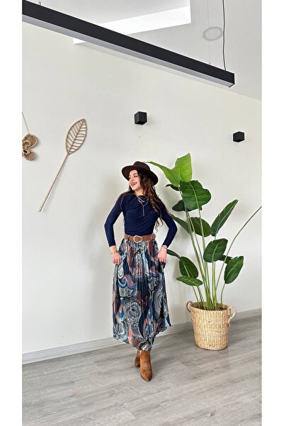 modadagiyim Women's Plaid Patterned Wrinkled Effect Lined Belted Midi Chiffon Skirt