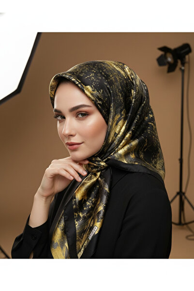 Armine %100 Sura İpek Eşarp – Nostalji Seri – Kaymaz Tok Duruş Siyah-Sarı 90x90