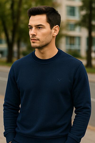 Maccali Men's Crew Neck Trend Long Sleeve Long Navy Blue Sweater