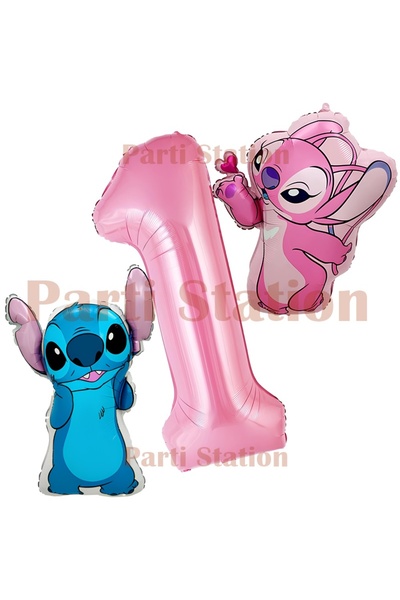 Parti Station Lilo Stitch and Angel Balloon Set 1 Year Old 3 Piece Pink Numbe...
