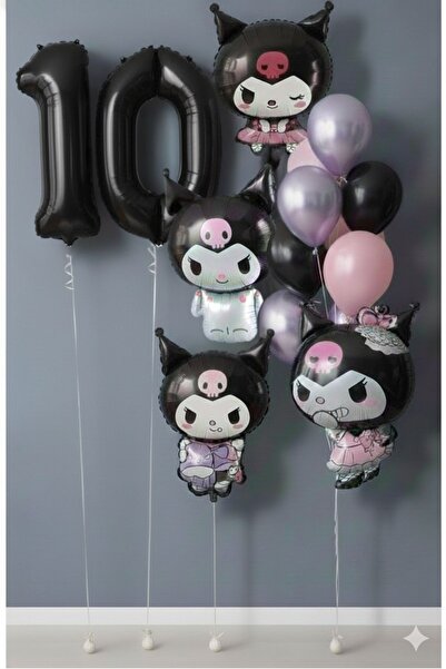 PARTİAVM Kuromi Doğum Günü Temalı Balon Seti 10 Yaş Siyah Rakam Balon + 4 Far...