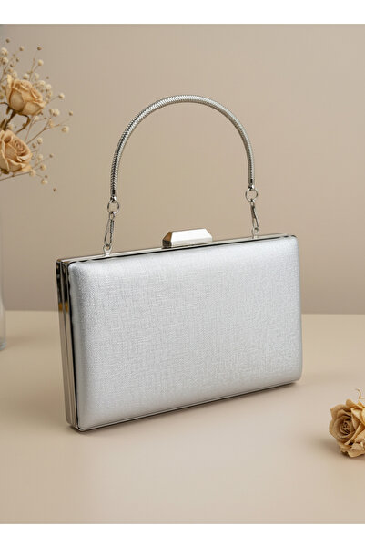 Biçanta Silver Gray Lame Color Metal Handle Matte Anti-Scratch Leather Pearl Wedding Engagement Graduation