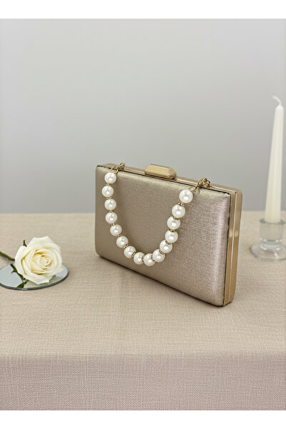 Biçanta Gold Gold Dore Color Matte Anti-Scratch Leather Pearl Detailed Wedding Engagement Graduation