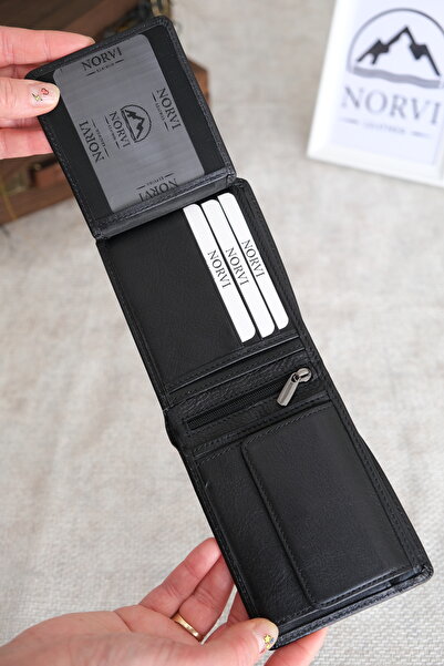 Norvi Leather Ay Yildiz Special Printed Leather Wallet - Genuine Leather Wallet with Coin Compartment Bright Black 1242