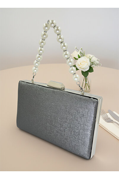 Biçanta Anthracite Gray Platinum Color Matte Anti-Scratch Leather Pearl Detailed Wedding Engagement Graduation