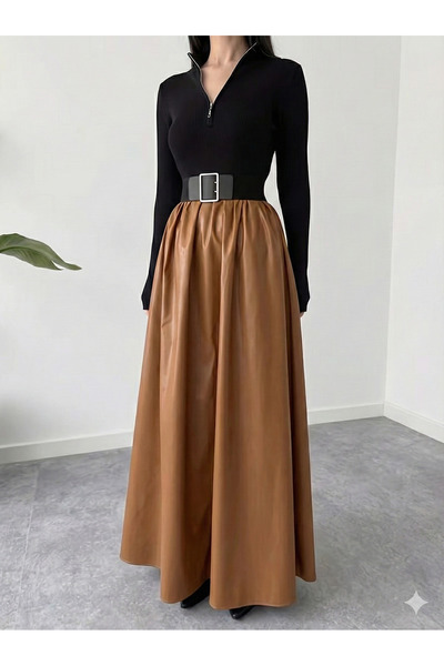 MaxiMor Women's Tan Color Flowy Maxi Skirt with Side Pockets 4 Transitional Lacquer Fabric Length 95 cm