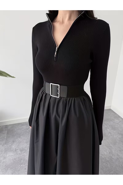 MaxiMor Women's Black Color Flowy Maxi Skirt with Side Pockets 4 Transitional Lacquer Fabric Length 95 cm